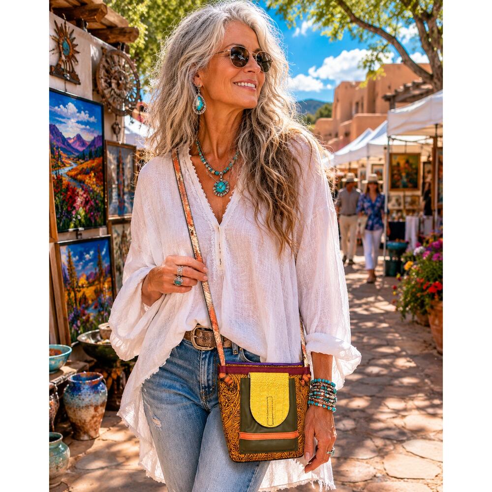 Artisan Leather Crossbody | Tooled Floral Mixed Leather Boho Art Bag